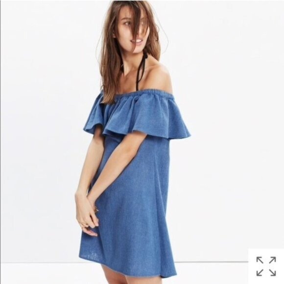 Madewell XS Blue Rio Cover Up Dress in Chambray Linen Off The Shoulder Textural - Picture 8 of 8